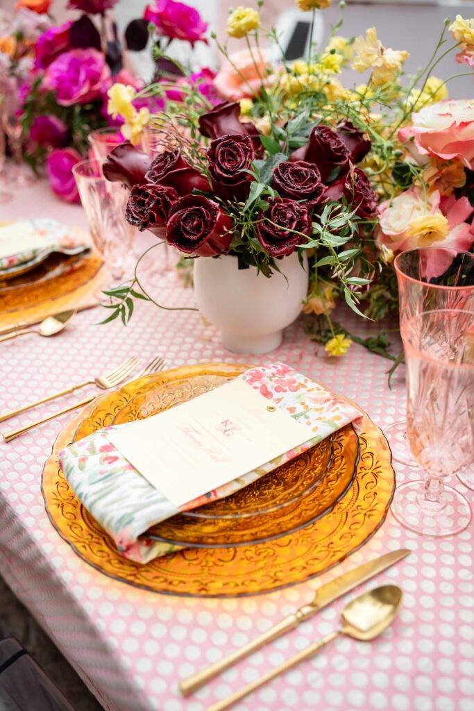 Custom light yellow wedding reception menu on floral napkins