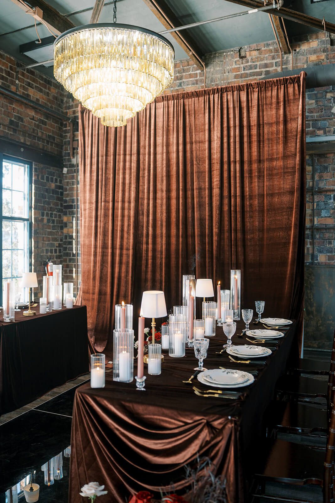 Luxurious velvet-draped wedding reception at Brick and Mortar Columbus