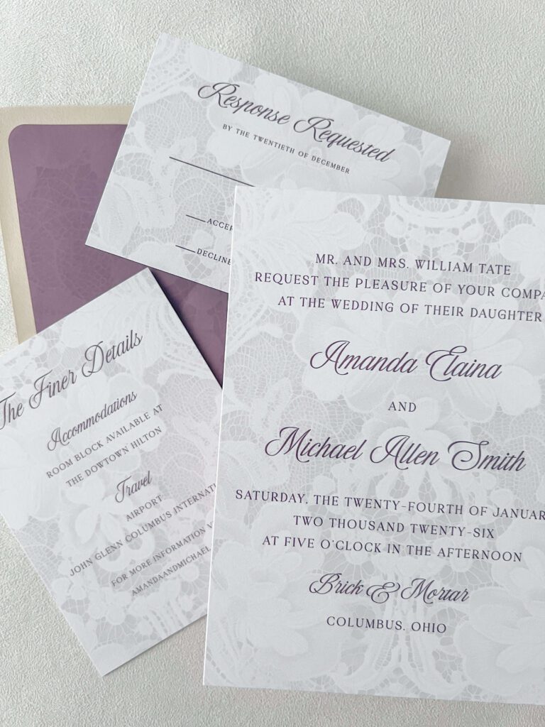 Romantic wedding invitations with lace background