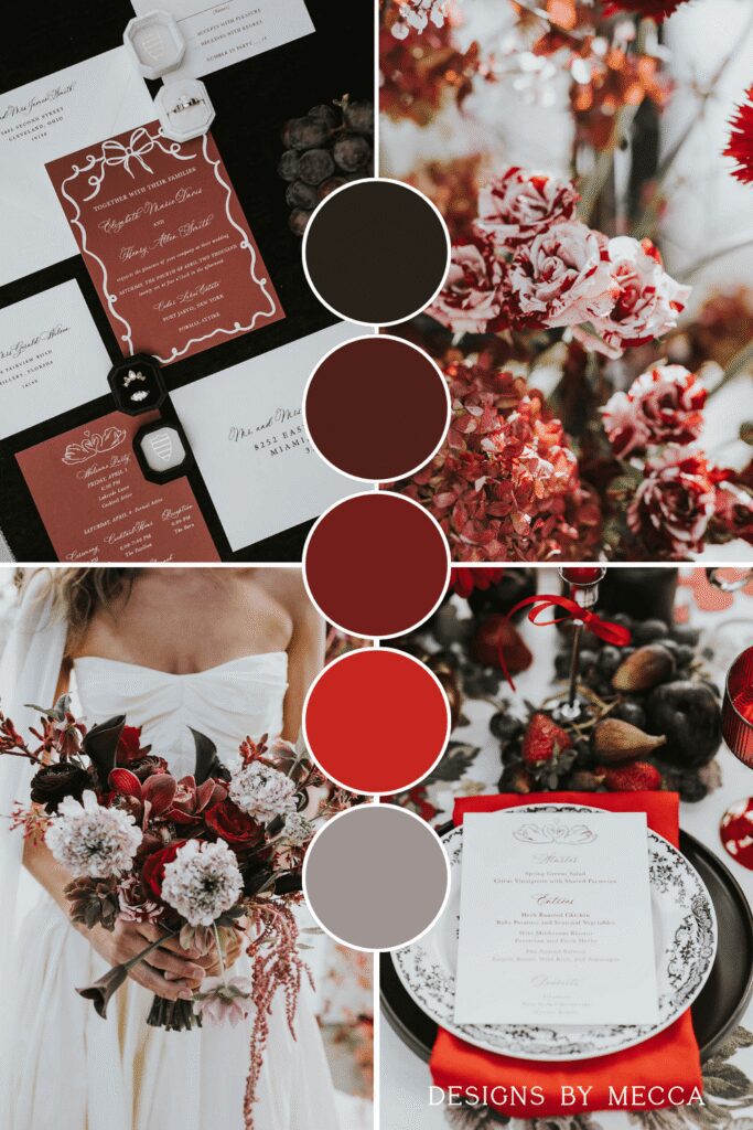 Merlot and red wedding color palette surrounded by images of deep terracotta wedding invitations and merlot florals