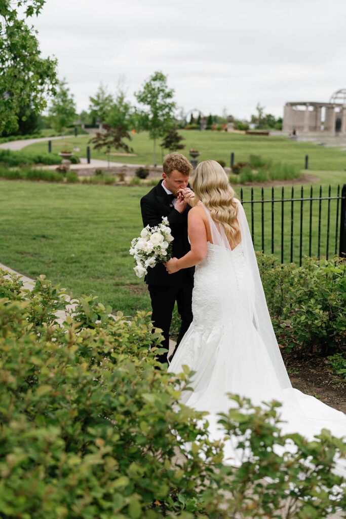 Bride and groom during an emotional first look on their wedding day