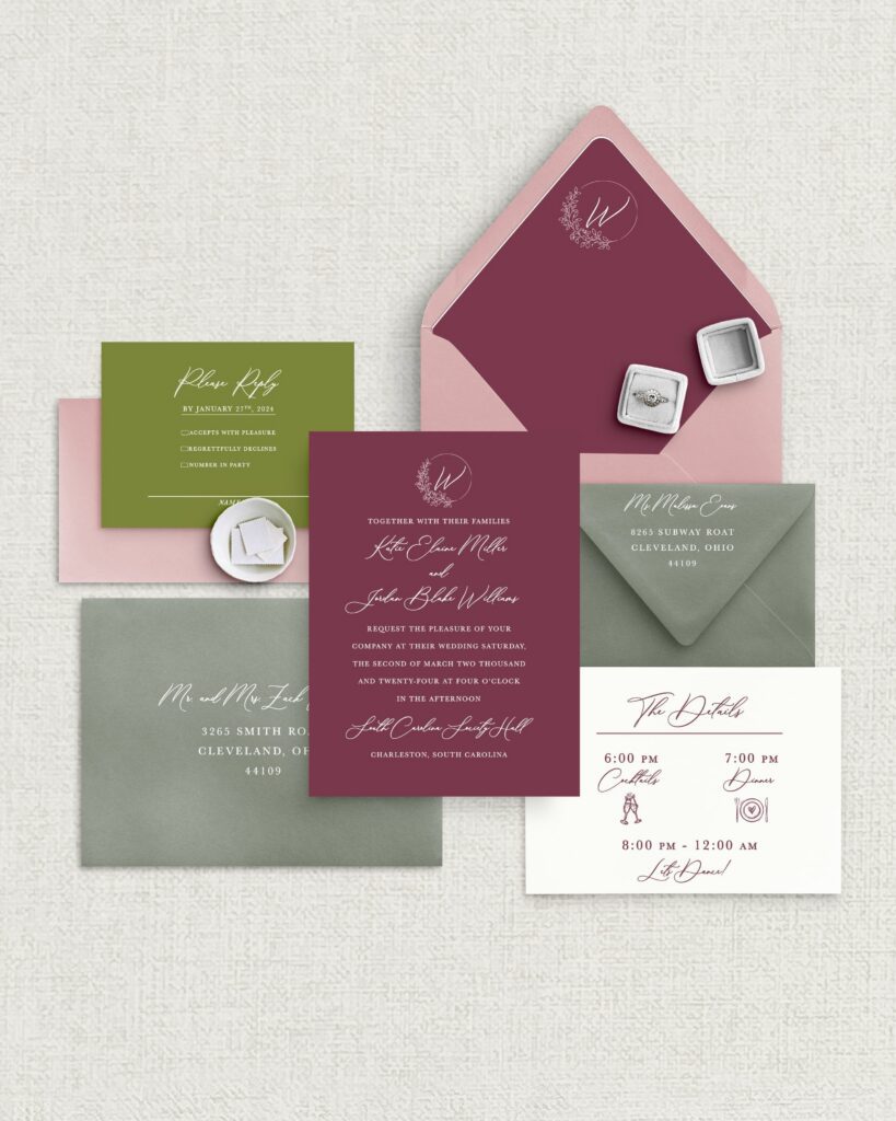 Bold and modern plum and olive wedding invitation suite with romantic script and hand-drawn icons