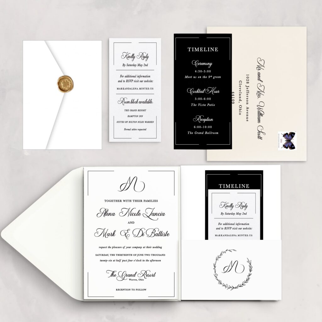 Timeless wedding invitation suite mockup in shades of black and white