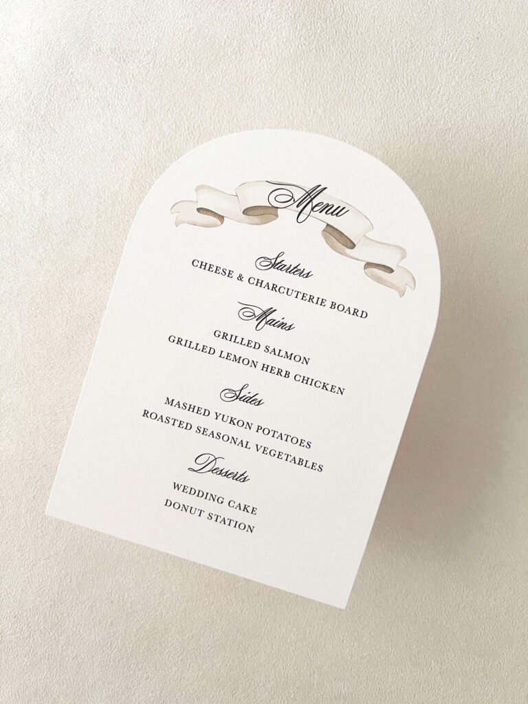 Arched wedding menu card with a custom illustrated banner