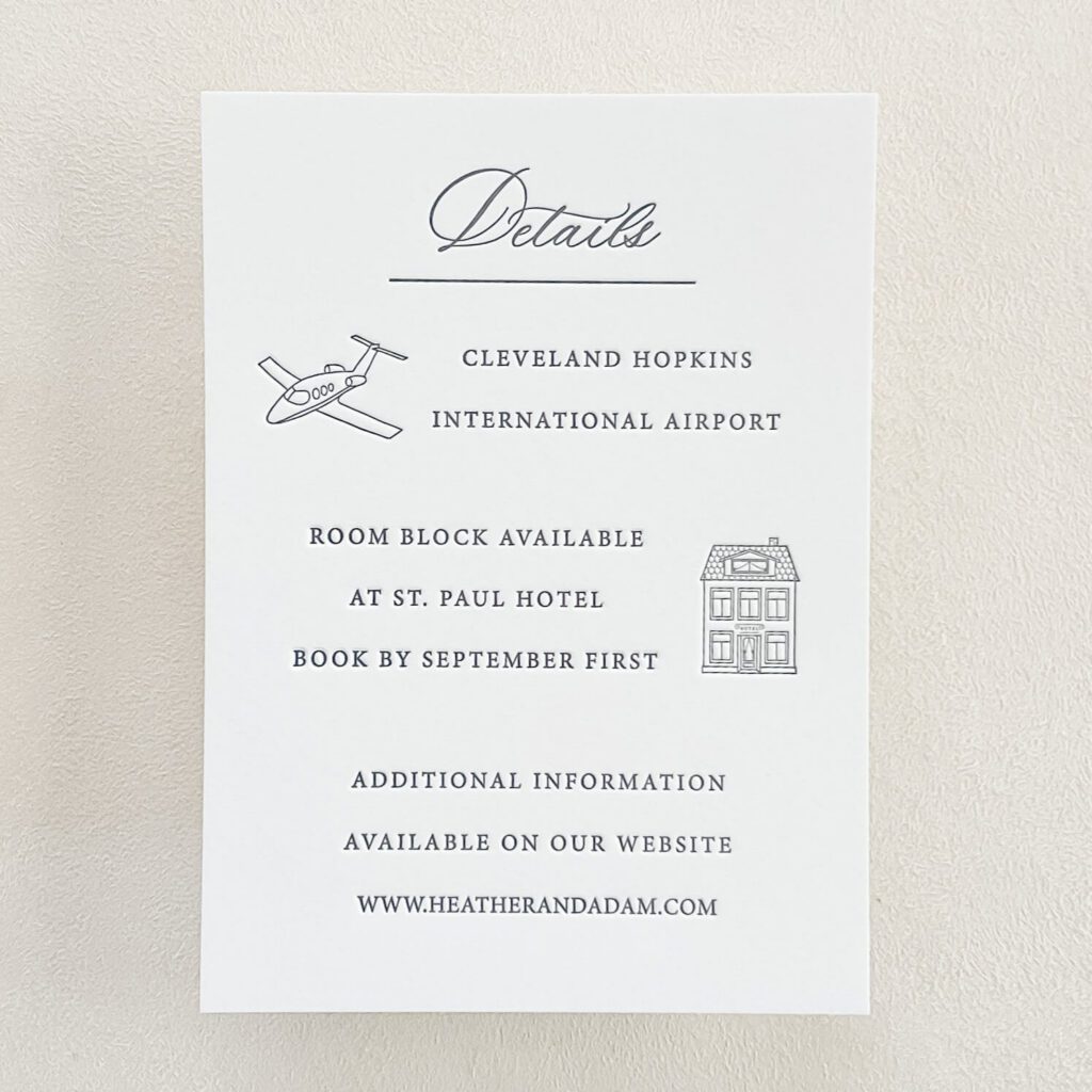 Romantic letterpress wedding details card with custom icons