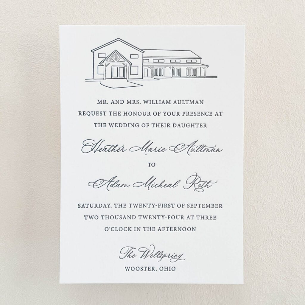 Letterpress wedding invitation card featuring line art of The Wellspring wedding venue
