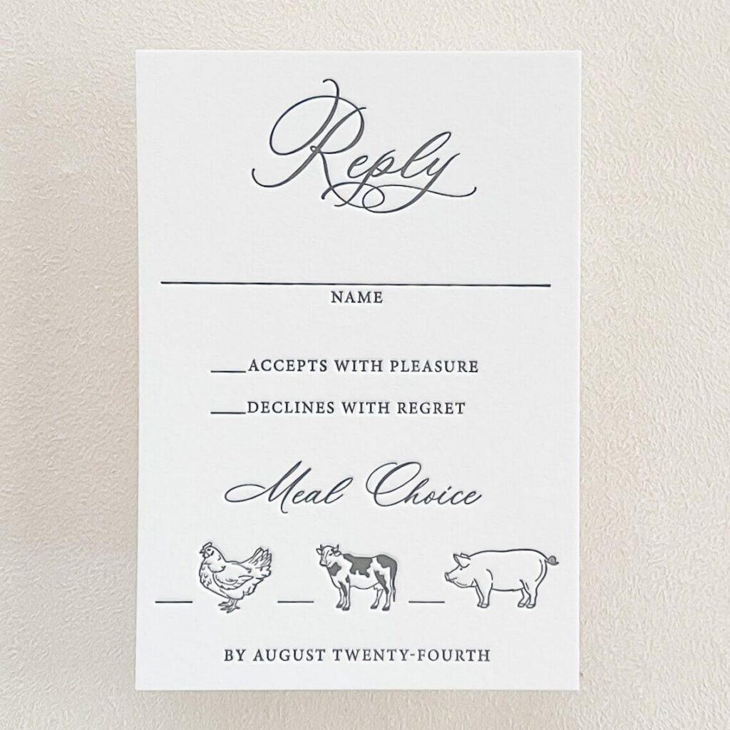 Romantic letterpress wedding reply card with custom icons
