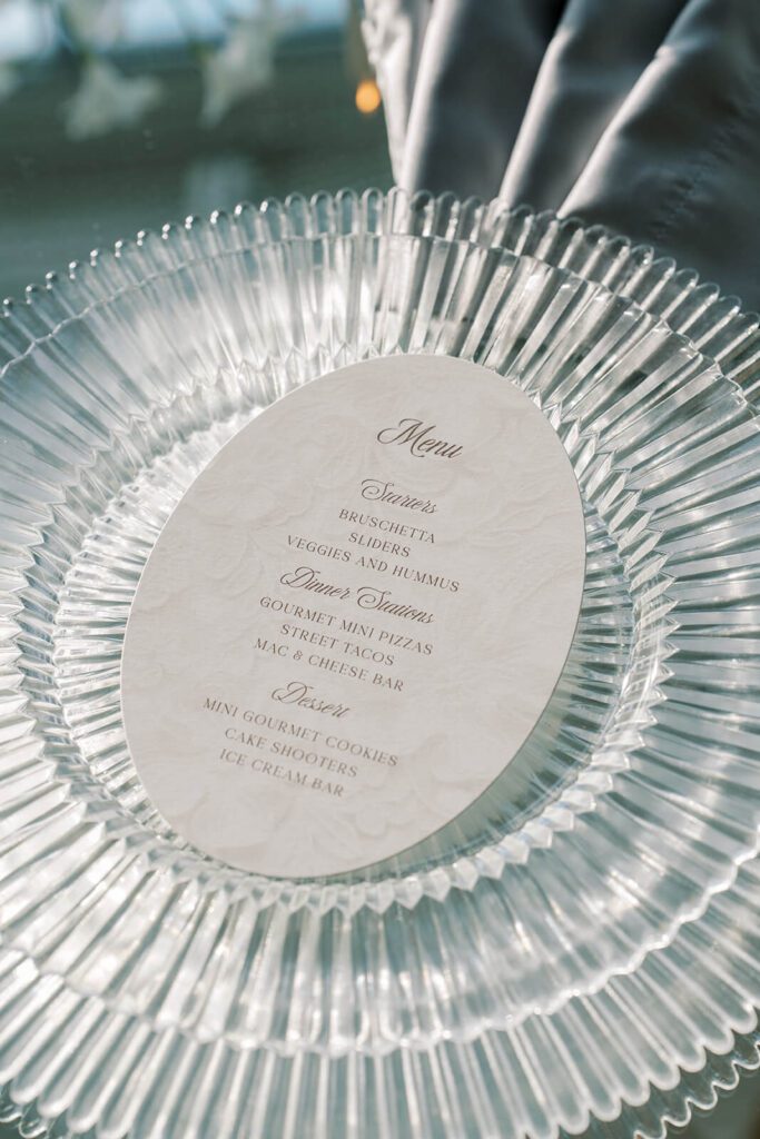 Oval wedding menu card with lace background