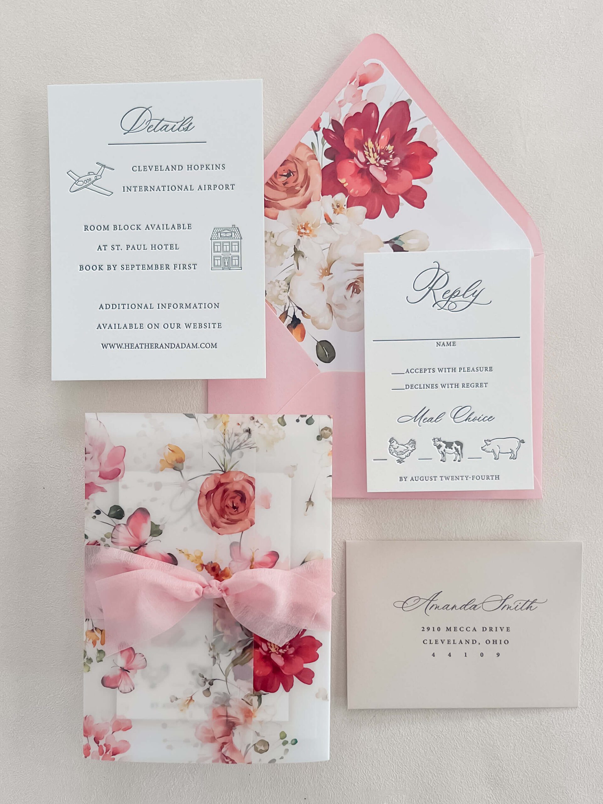 Whimsical and romantic floral wedding invitation suite in shades of pink
