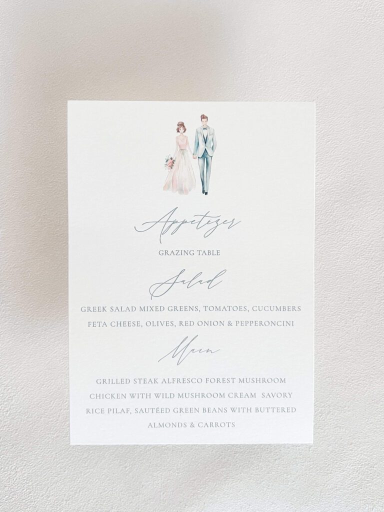 Wedding menu card idea with custom illustration of bride and groom