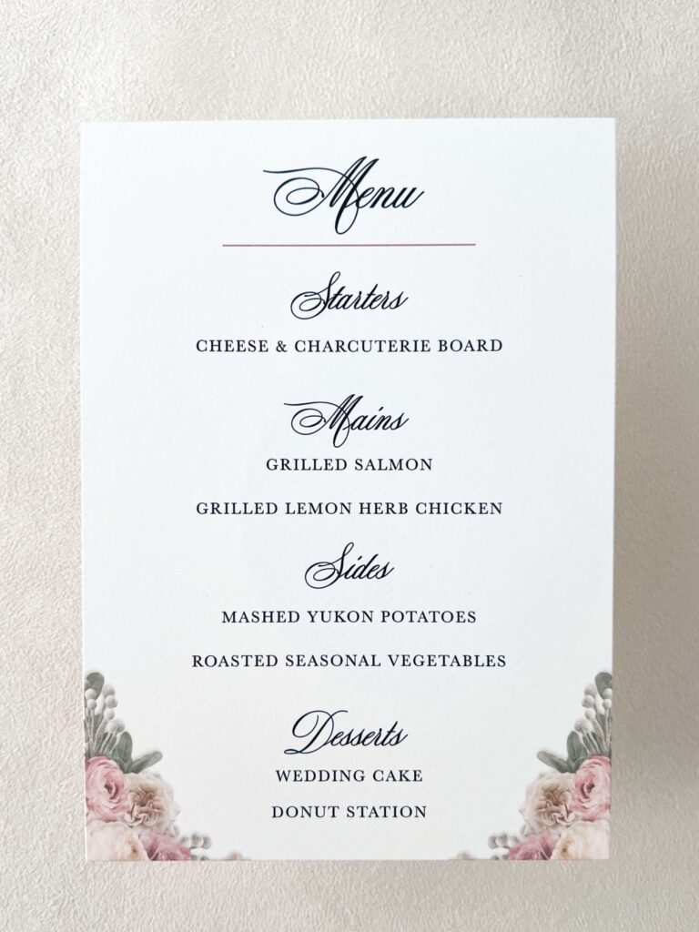 Wedding menu card idea featuring pink floral watercolor artwork