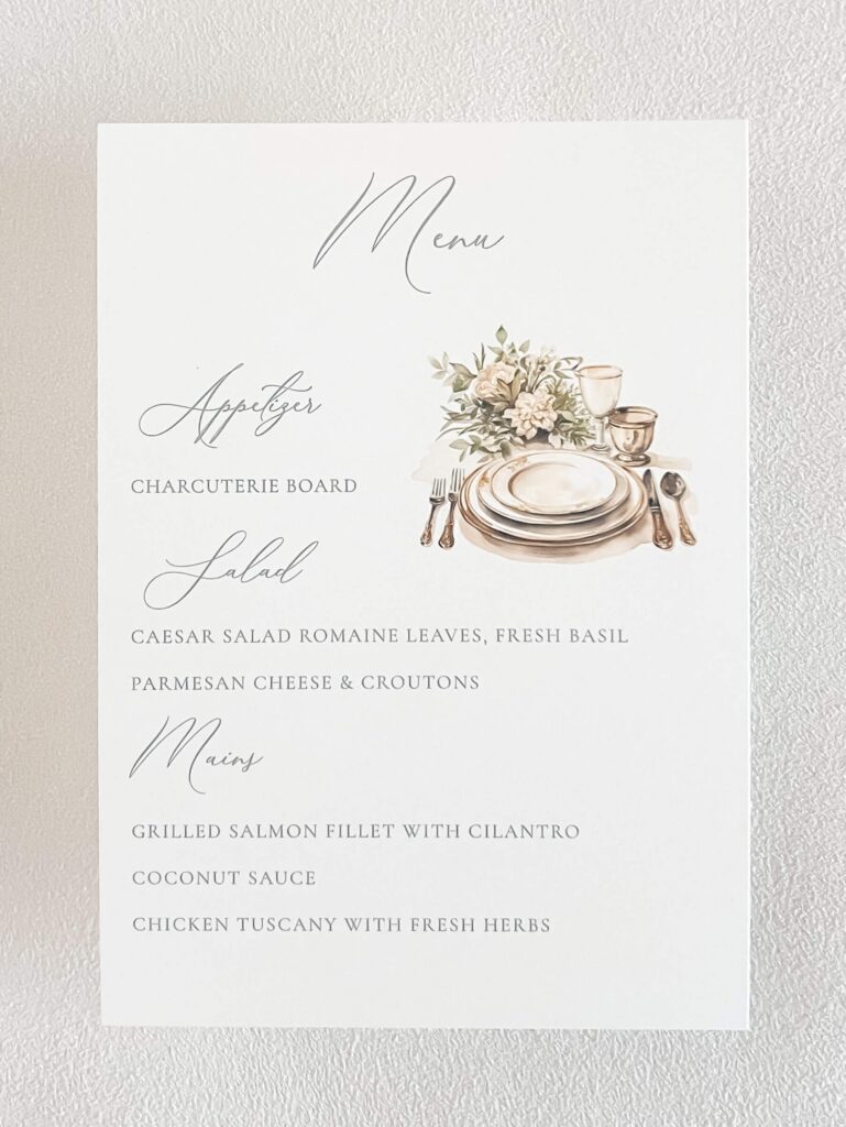 Wedding menu card idea featuring a place setting in watercolor artwork