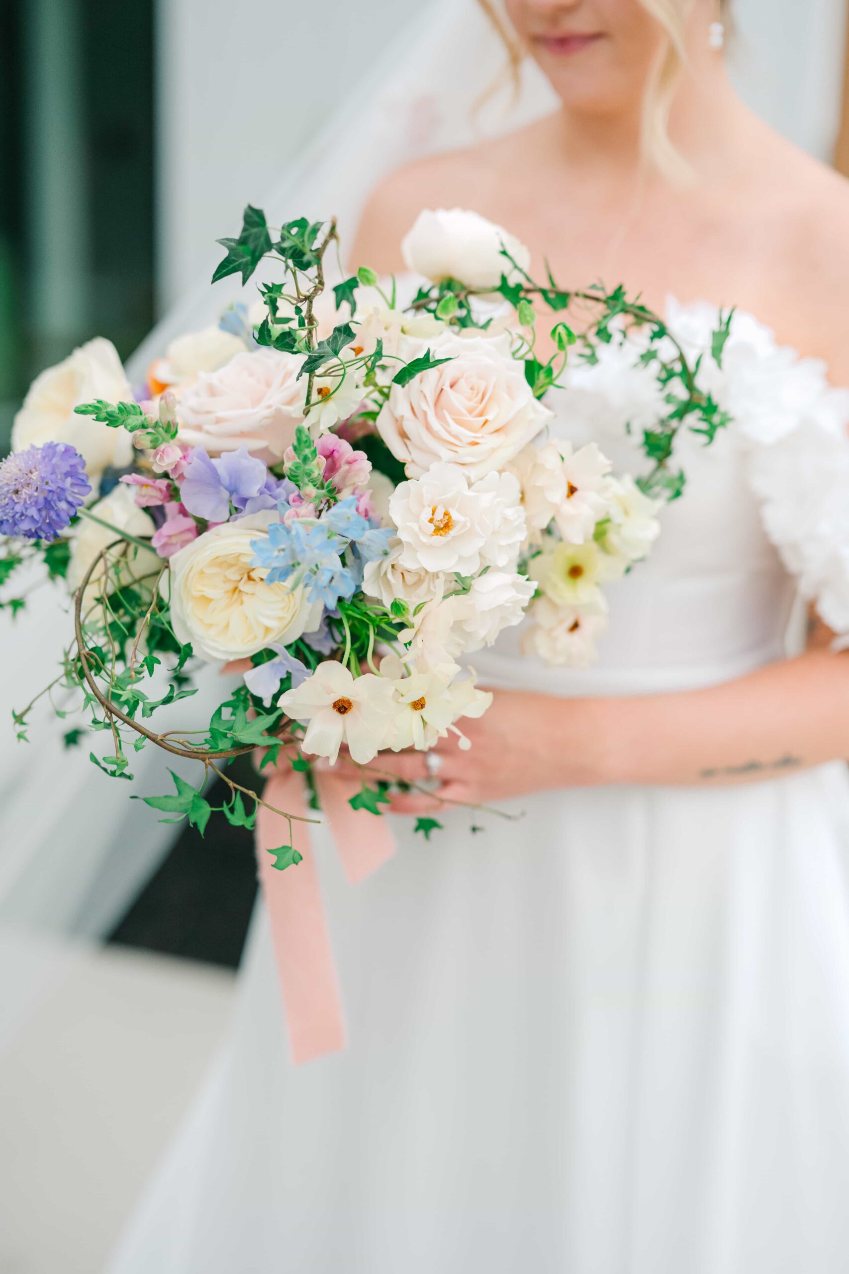 Purple and blue theme wedding bridal bouquet